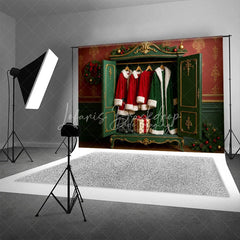 Lofaris Santa Closet Backdrop Green Wardrobe Red Coat Gift Photography Background Dressing Room Winter Holiday Party Decoration