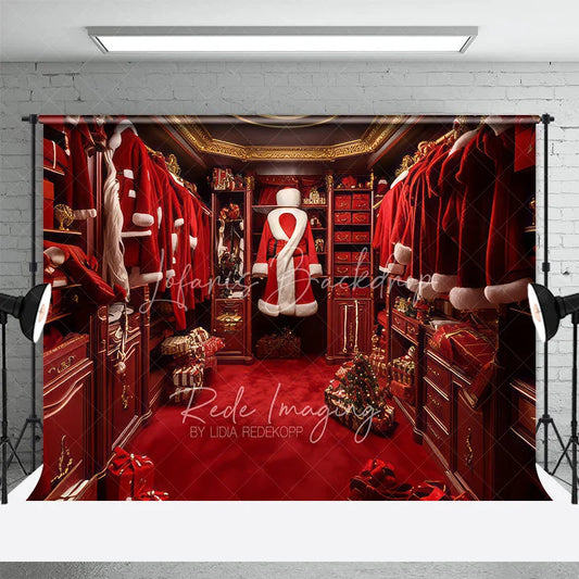 Lofaris Santa Closet Backdrop Red Suit Wardrobe Gift Photography Background Luxury Dressing Room Christmas Holiday Party Decoration