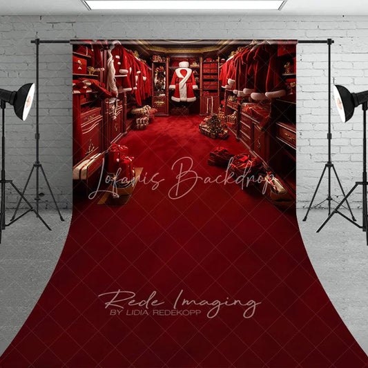Lofaris Santa Closet Sweep Backdrop Red Suit Wardrobe Gift Photography Background Luxury Dressing Room Christmas Holiday Party Decoration