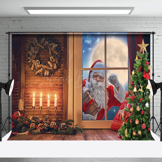 Lofaris Santa Ooutside Window Night Wood Christmas Backdrop