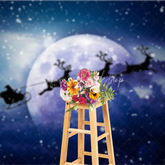 Lofaris Santa Sleigh Christmas Backdrop Flying Reindeer Full Moon Silhouette Snowy Night Winter Photography Props