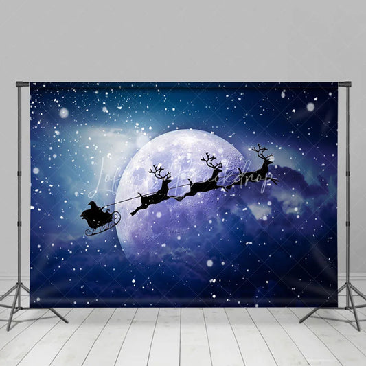Lofaris Santa Sleigh Christmas Backdrop Flying Reindeer Full Moon Silhouette Snowy Night Winter Photography Props