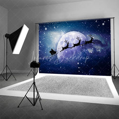 Lofaris Santa Sleigh Christmas Backdrop Flying Reindeer Full Moon Silhouette Snowy Night Winter Photography Props