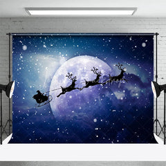 Lofaris Santa Sleigh Christmas Backdrop Flying Reindeer Full Moon Silhouette Snowy Night Winter Photography Props