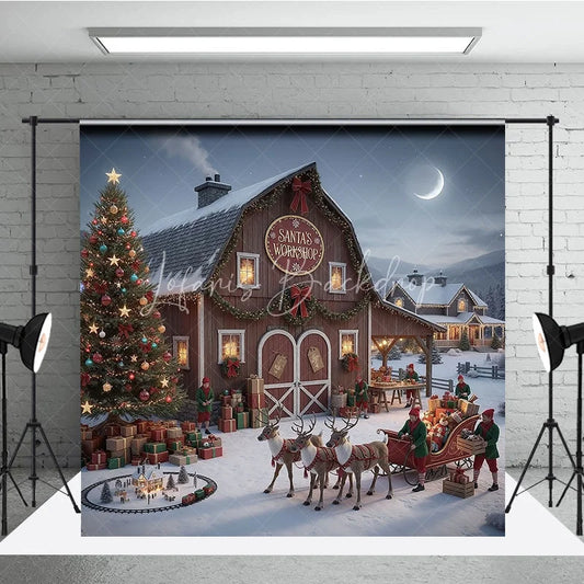 Lofaris Santa Workshop Backdrop Elf Sleigh Reindeer North Pole Photography Background Christmas Barn Holiday Party Decoration