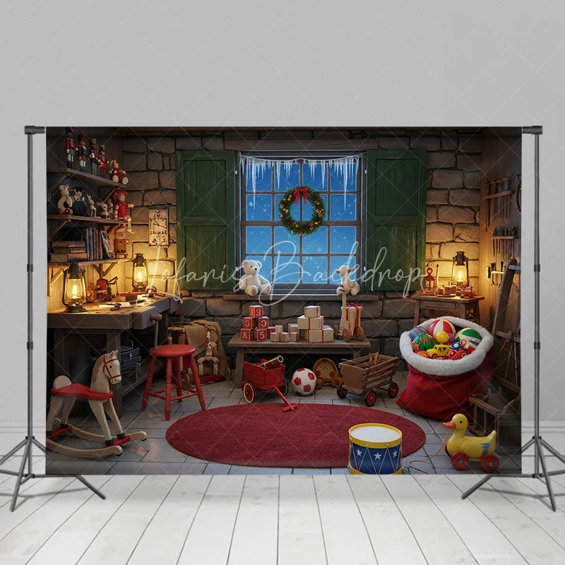 Lofaris Santa Workshop Backdrop Toy Maker Room with Workbench Christmas Window Scene Holiday Photography Props