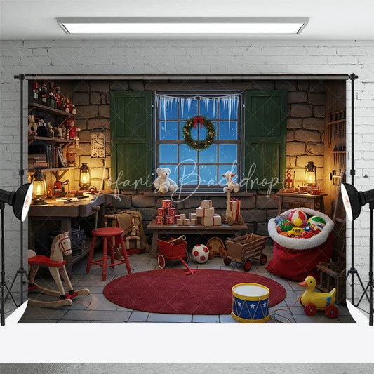 Lofaris Santa Workshop Backdrop Toy Maker Room with Workbench Christmas Window Scene Holiday Photography Props