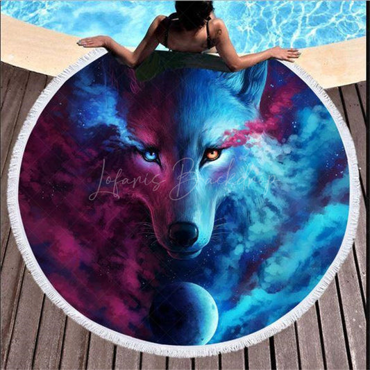 Lofaris Scary Wolf Painting Cartoon Vibe Round Beach Towel