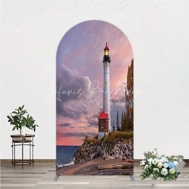 Lofaris Scenic Lighthouse and Coastal Sunset Round Top Arch Backdrop Dramatic Sky Photography Prop for Studio