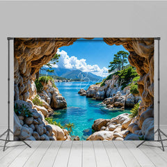 Lofaris Scenic Natural Cave Opening Photography Backdrop with Clear Blue Ocean and Rocky Coastline Tropical Landscape View