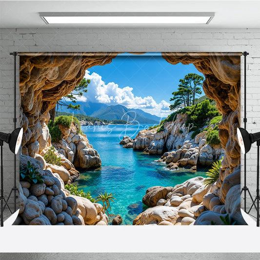 Lofaris Scenic Natural Cave Opening Photography Backdrop with Clear Blue Ocean and Rocky Coastline Tropical Landscape View