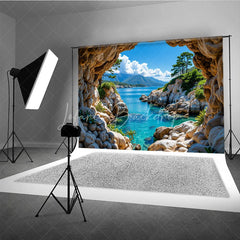 Lofaris Scenic Natural Cave Opening Photography Backdrop with Clear Blue Ocean and Rocky Coastline Tropical Landscape View