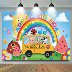 Lofaris School Bus Birthday Backdrop Farm Animals with Rainbow Nursery Rhyme Theme Party Supplies for Kids