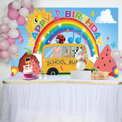 Lofaris School Bus Birthday Backdrop Farm Animals with Rainbow Nursery Rhyme Theme Party Supplies for Kids