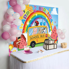 Lofaris School Bus Birthday Backdrop Farm Animals with Rainbow Nursery Rhyme Theme Party Supplies for Kids