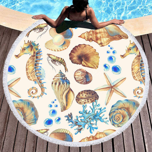 Lofaris Sea Star Seahorse Coral Pattern Round Beach Towel