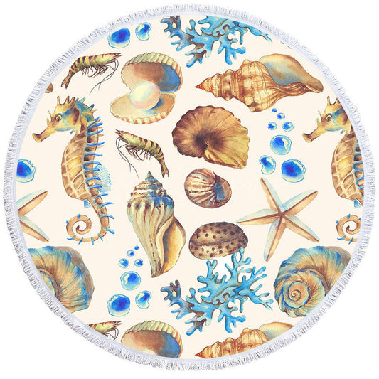 Lofaris Sea Star Seahorse Coral Pattern Round Beach Towel