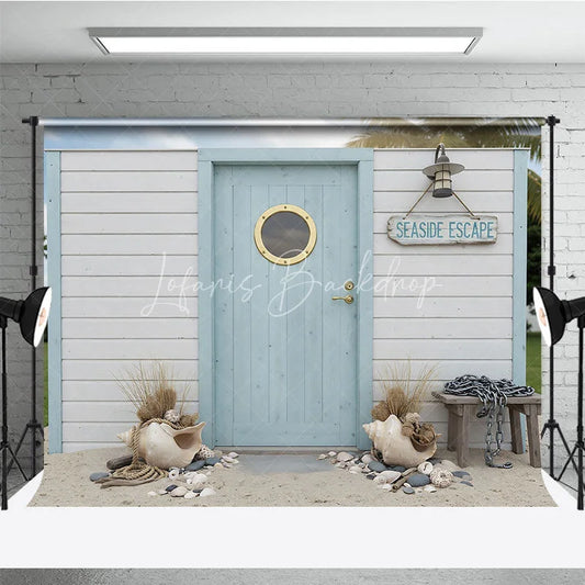 Lofaris Seaside Escape Light Blue Wooden Door Photography Backdrop with Porthole White Plank Wall and Beach Decor