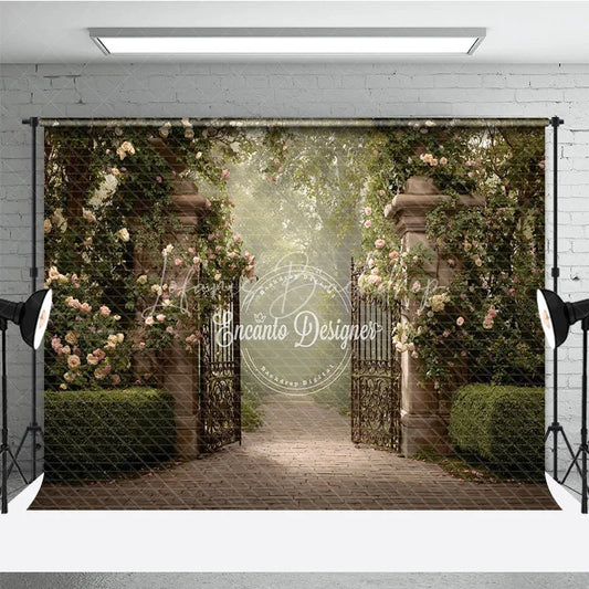 Lofaris Secret Garden Gate Backdrop Stone Pillars with Iron Pink Rose Floral Photography Background Prop