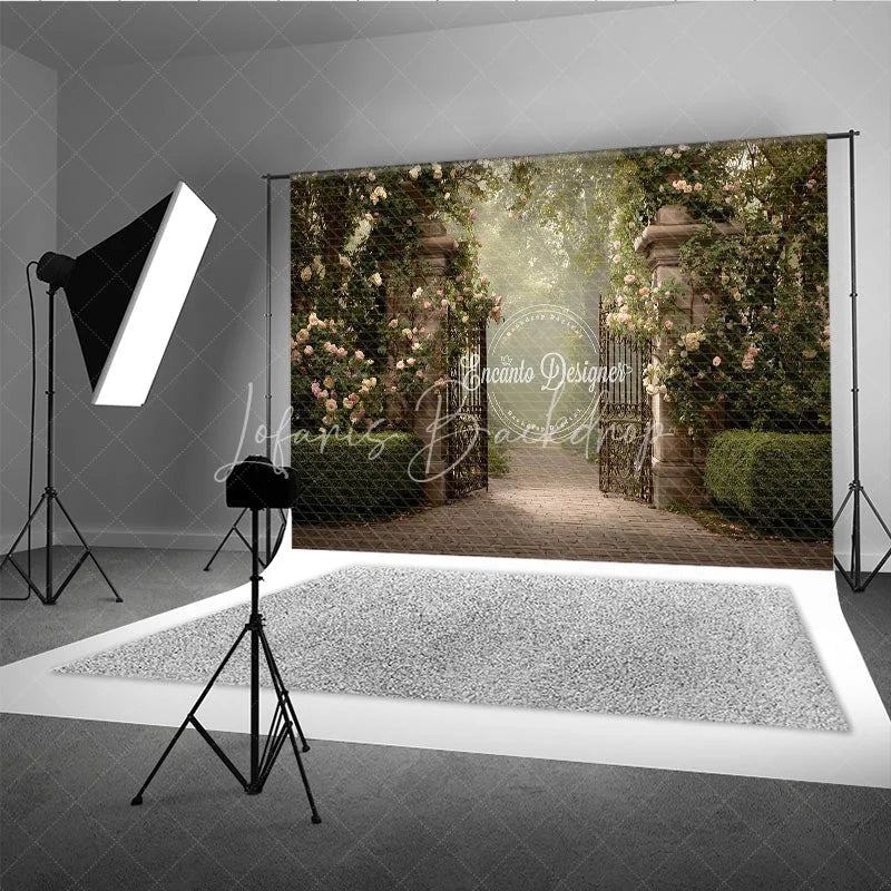 Lofaris Secret Garden Gate Backdrop Stone Pillars with Iron Pink Rose Floral Photography Background Prop