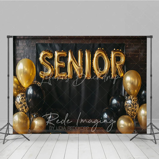 Lofaris Senior Gold Balloon Graduation Photography Backdrop Black Brick Wall and Confetti Balloons Background