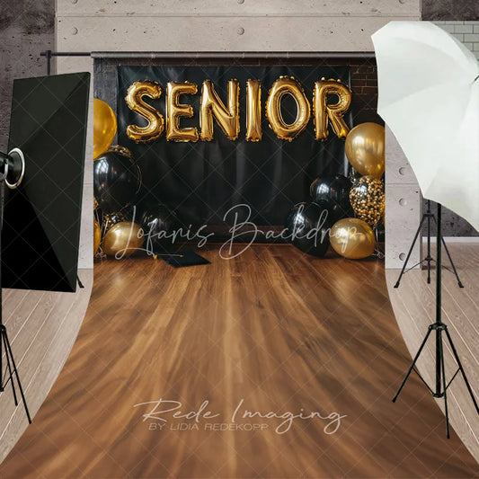 Lofaris Senior Gold Balloons Graduation Photography Backdrop Black Wall and Wooden Floor Studio Sweep Background