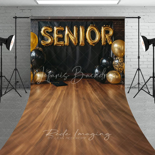 Lofaris Senior Gold Balloons Graduation Photography Backdrop Black Wall and Wooden Floor Studio Sweep Background
