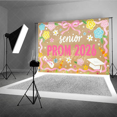 Lofaris Senior Prom 2026 Backdrop Pink Ribbon Flowers and Graduation Cap Diploma Photography Background
