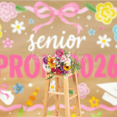 Lofaris Senior Prom 2026 Backdrop Pink Ribbon Flowers and Graduation Cap Diploma Photography Background