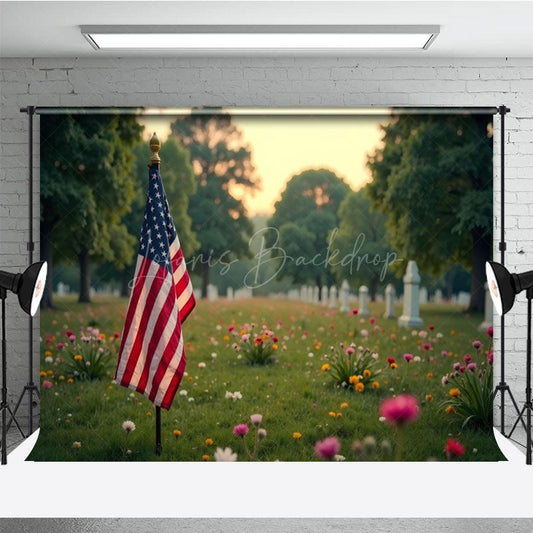 Lofaris Serene Cemetery Scene American Flag Flower Backdrop