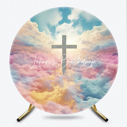 Lofaris Serene Heavenly Cross with Pastel Clouds and Bright Sky Round Backdrop Spiritual Baptism Easter Decor