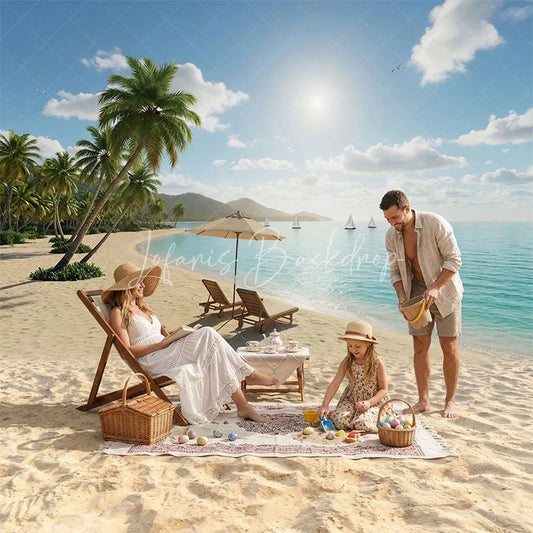 Lofaris Serene Tropical Beach Ocean Palm Trees Combo Set Backdrop Sunny Summer Vacation Photography Decor for Studio
