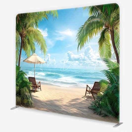 Lofaris Serene Tropical Beach with Palm Trees and Ocean Waves Square Double-Sided Backdrop Perfect for Summer Vacation