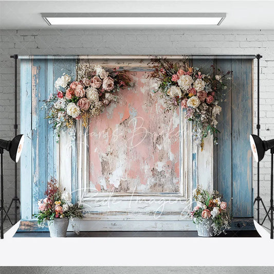 Lofaris Shabby Chic Floral Retro Wall Backdrop Distressed Wood and Pink Frame Photography Background