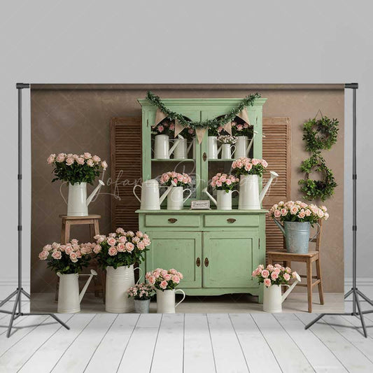 Lofaris Shabby Chic Flower Shop Photography Backdrop Sage Green Cabinet with Pink Roses Vintage Farmhouse Photo Prop