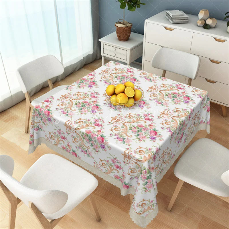 Lofaris Shabby Chic Pink Rose and Gold Scroll Rectangle Tablecloth Floral Lace Edge Table Cover for Tea Party