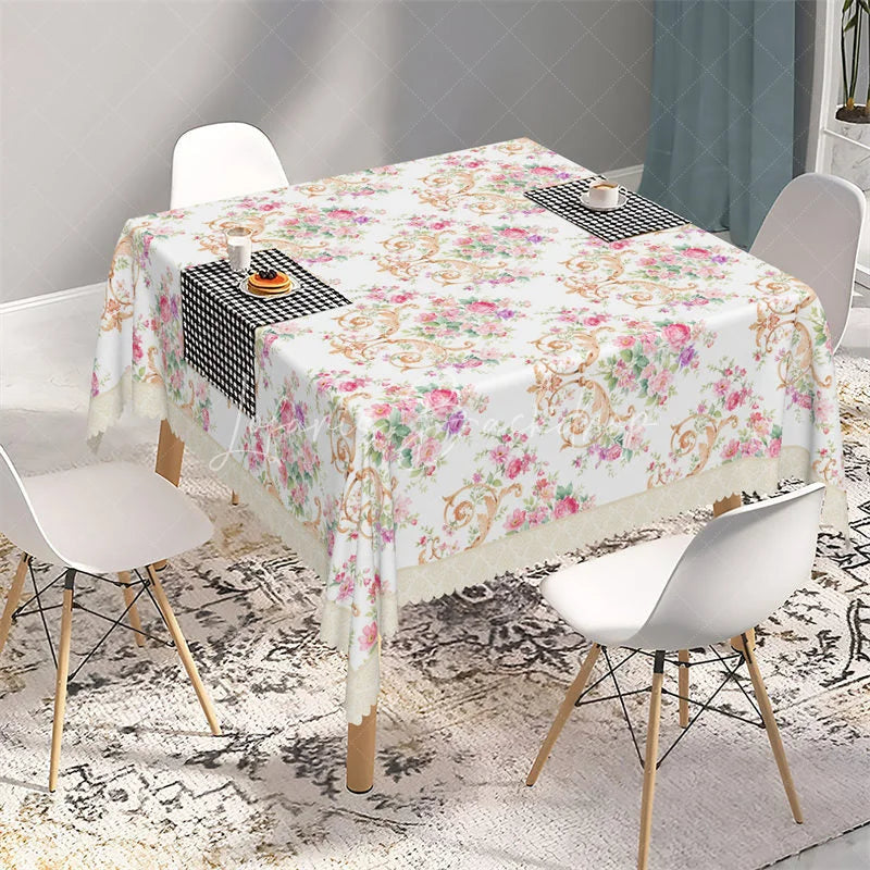 Lofaris Shabby Chic Pink Rose and Gold Scroll Rectangle Tablecloth Floral Lace Edge Table Cover for Tea Party