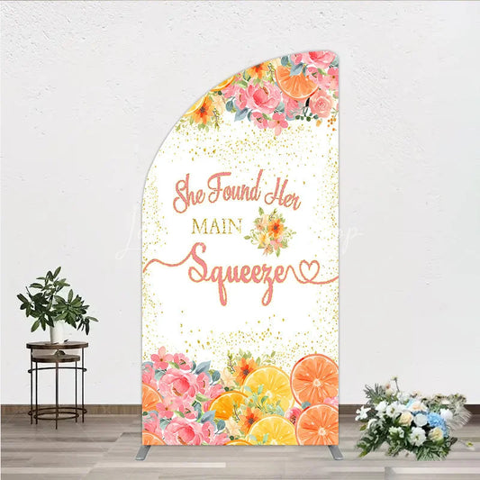 Lofaris She Found Her Main Squeezer Half Moon Arch Backdrop Pink Floral Citrus Bridal Shower Engagement Party Decor
