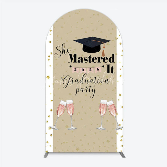 Lofaris She Mastered It 2026 Graduation Arch Backdrop Gold Star and Champagne Party Cover