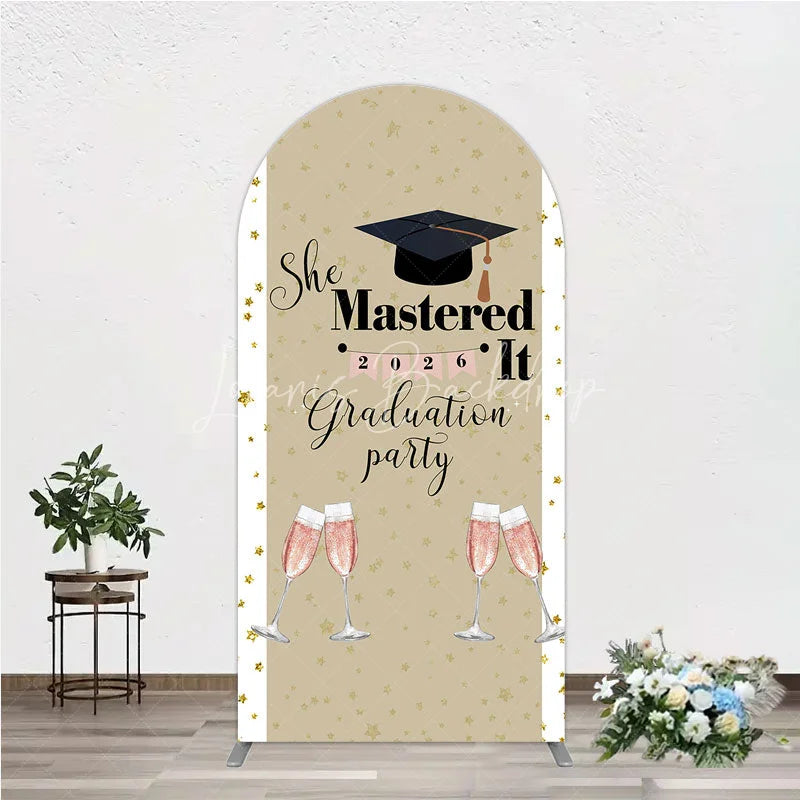 Lofaris She Mastered It 2026 Graduation Arch Backdrop Gold Star and Champagne Party Cover