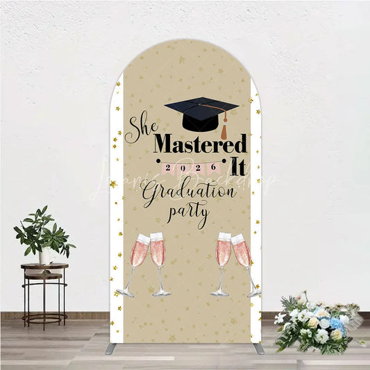 Lofaris She Mastered It 2026 Graduation Arch Backdrop Gold Star and Champagne Party Cover
