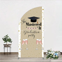 Lofaris She Mastered It 2026 Graduation Half Moon Arch Backdrop Gold Star and Champagne Party Cover