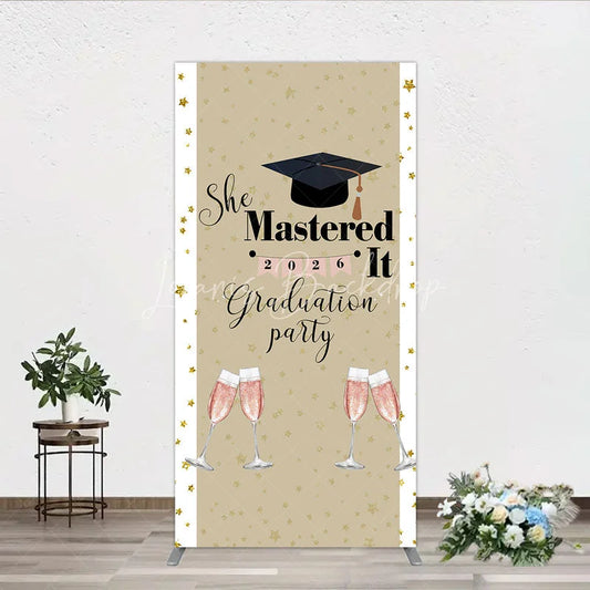 Lofaris She Mastered It 2026 Graduation Rectangle Backdrop Gold Star and Champagne Party Cover