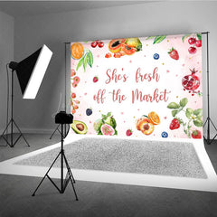 Lofaris She’s Fresh Off The Market Bridal Shower Backdrop Watercolor Fruit Theme Fun Bachelorette Party Photo Prop