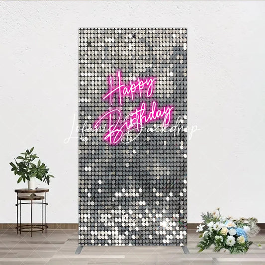 Lofaris Shimmering Silver Sequin Happy Birthday Neon Pink Rectangle Arch Backdrop Glamorous Party Decoration