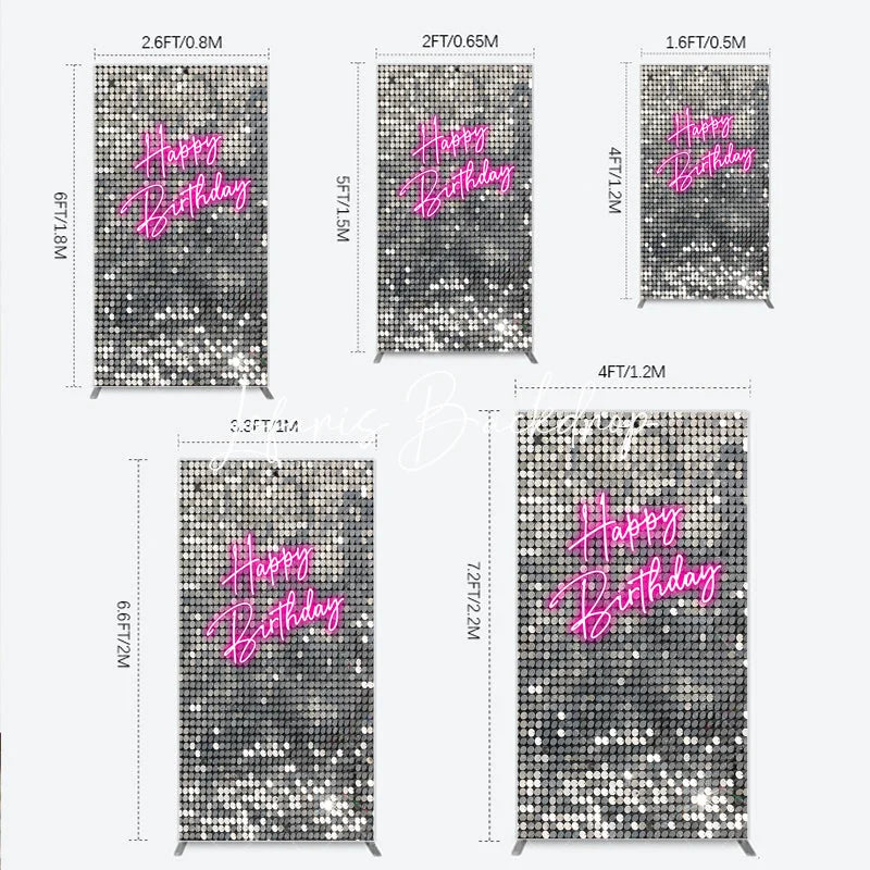 Lofaris Shimmering Silver Sequin Happy Birthday Neon Pink Rectangle Arch Backdrop Glamorous Party Decoration