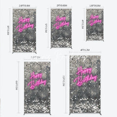 Lofaris Shimmering Silver Sequin Happy Birthday Neon Pink Rectangle Arch Backdrop Glamorous Party Decoration