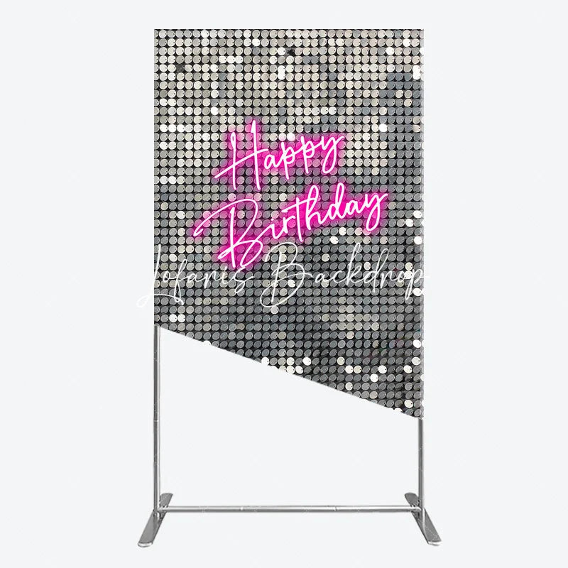 Lofaris Shimmering Silver Sequin Happy Birthday Neon Pink Rectangle Arch Backdrop Glamorous Party Decoration