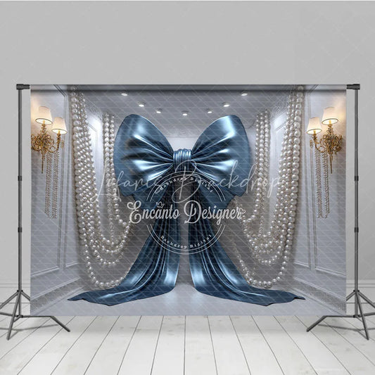 Lofaris Shiny Blue Bow with Elegant Pearls and Gold Sconces Photography Backdrop Luxurious Party Decor