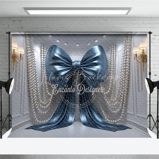 Lofaris Shiny Blue Bow with Elegant Pearls and Gold Sconces Photography Backdrop Luxurious Party Decor